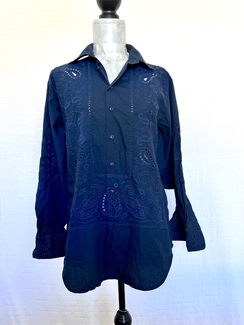 Rag & Bone Long-Sleeve Dk Blue Vivian Oversized Embroidered Eyelet Shirt Sz Sm